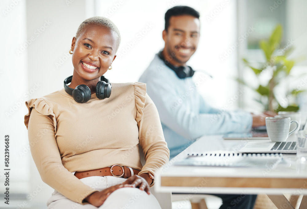 Portrait, business smile and black woman in office with coworker and pride for career or profession. Boss, headphones and happy, confident and proud African female entrepreneur with success mindset. Portrait, business smile and black woman in office with coworker and pride for career or profession. Boss, headphones and happy, confident and proud African female entrepreneur with success mindset.