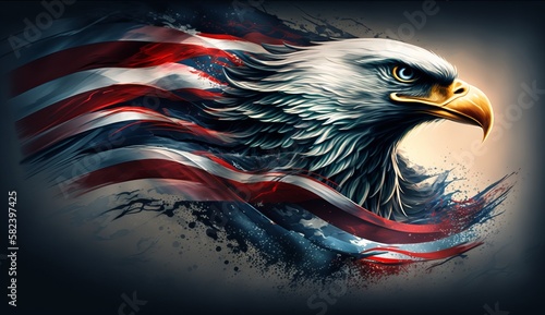 Stars and stripes of the American flag with a bald eagle, symbolizing strength and freedom, as a 4th of July Memorial or Independence day background. AI generation.