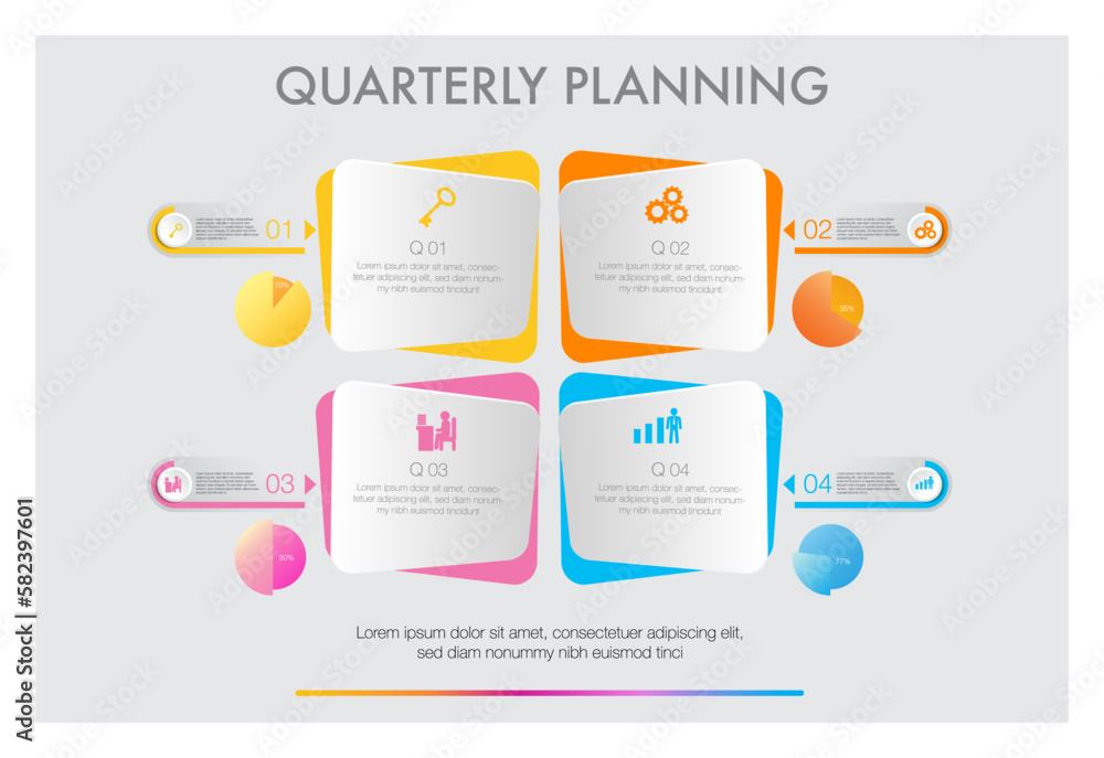 quarterly planning Percentage circle chart for projects milestone template for presentation to help you easily identify which stage of project is currently Diagram with 4 quarter options, steps, parts