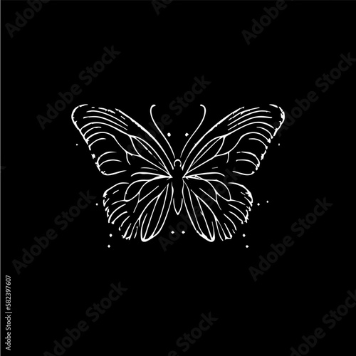 Butterfly dotwork tattoo with dots shading, tippling tattoo. Hand drawing fly insect emblem on black background for body art, minimalistic sketch monochrome logo. Vector illustration