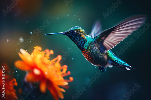 a humming bird hovering over a colorful, pollen filled flower. Generative AI  © Kanchana