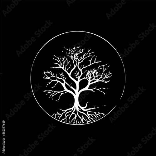 Tree roots silhouette icon, knowledge symbol, education abstract sign, lumberjack logo concept, carpentry logotype, t-shirt print, life symbol on black background. Isolated vector illustration