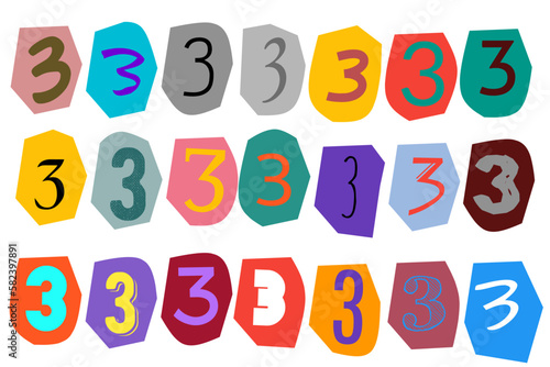 Number 3  - vector cut newspaper and magazine letters, paper style ransom note letter