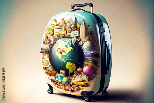 travel suitcase collection for round-the-world trip from house, created with generative ai photo