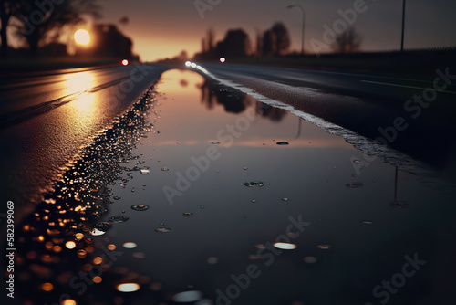 On the road at sunset, lights reflected in water (generative AI)