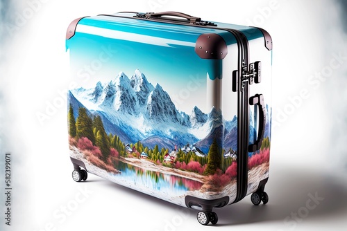 beaful plastic travel suitcase with mountain scenery, created with generative ai photo