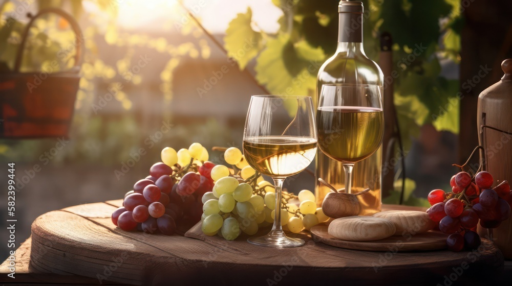 wine, grapes and an assortment of cheeses and snacks on a wooden table in the garden. generative AI