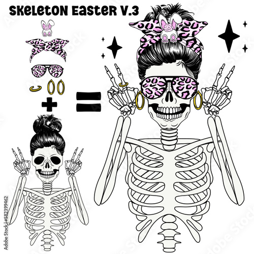 Messy Bun skeleton ,Messy Bun skeleton easter day T-Shirt , Mama skeleton Bunny Easter Collection Set , Easter messy bun Svg vector Illustration isolated on white background. girl face with messy hair