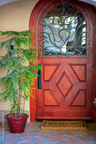 Wooden front door with decorative facade and glass windows with brown welcome mat and tropical plant in pot © Aaron