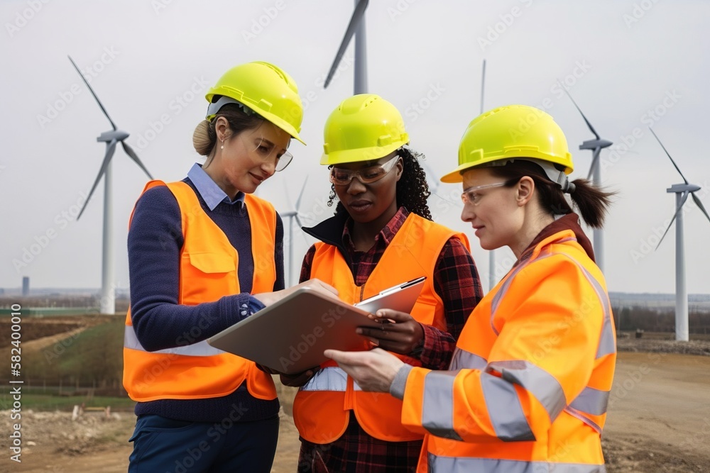 Diverse Team of Specialists Use Tablet Computer on Construction Site. Real Estate windmill farm Project with Civil Engineer, Architect, Business Investor and General Worker Discussing Plan Detail Diverse Team of Specialists Use Tablet Computer on Construction Site. Real Estate windmill farm Project with Civil Engineer, Architect, Business Investor and General Worker Discussing Plan Detail