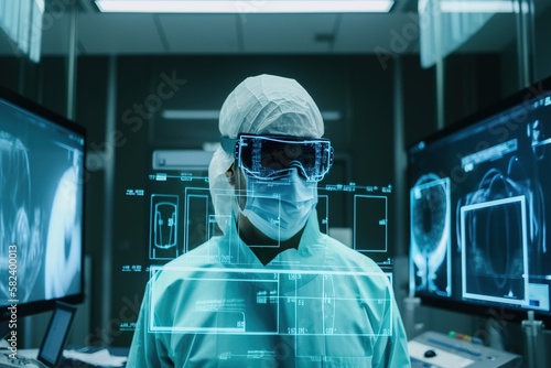 Doctor waring AR - glasses in Operating Room, overlay images, such as CT or MRI scans, onto a patient's body, allowing surgeons to see detailed information about a patient's anatomy in real - time