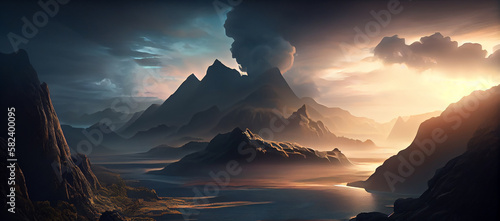 Beautiful landscape with high mountains and lagoon water with sunlight golden sunrise, nature, Generative AI © sorapop