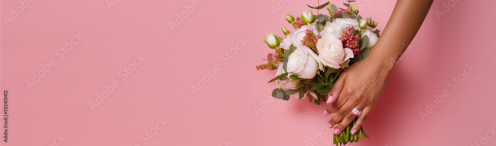 Wedding banner. Beautiful wedding bouquet in bride's hands. Pink background. Panoramic banner format with space for text. digital ai art Wedding banner. Beautiful wedding bouquet in bride's hands. Pink background. Panoramic banner format with space for text. digital ai art