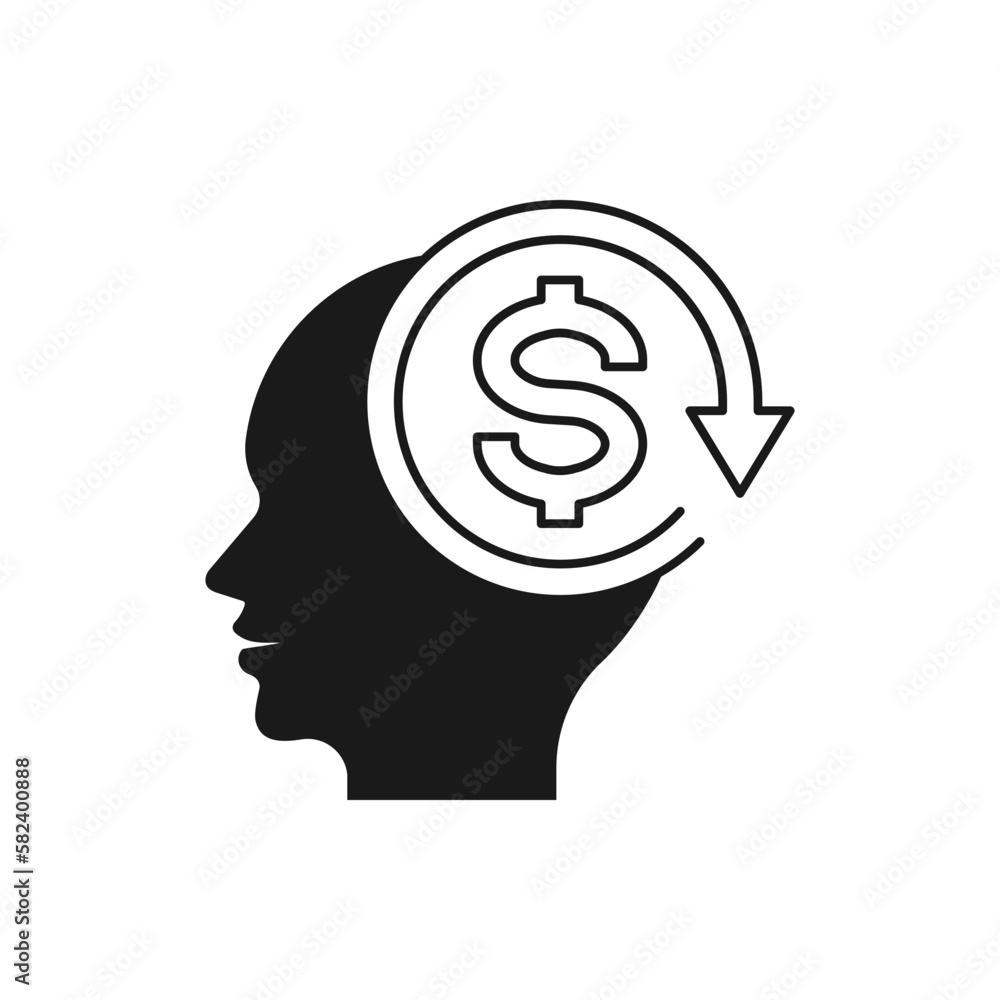 Human head with money sign in circular arrow. Financial planning icon concept isolated on white background. Vector illustration Human head with money sign in circular arrow. Financial planning icon concept isolated on white background. Vector illustration