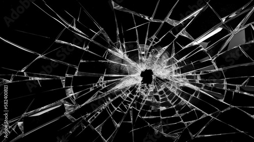 Shattered glass window with a piercing, gunshot like hole in the center. Black background. Generative AI