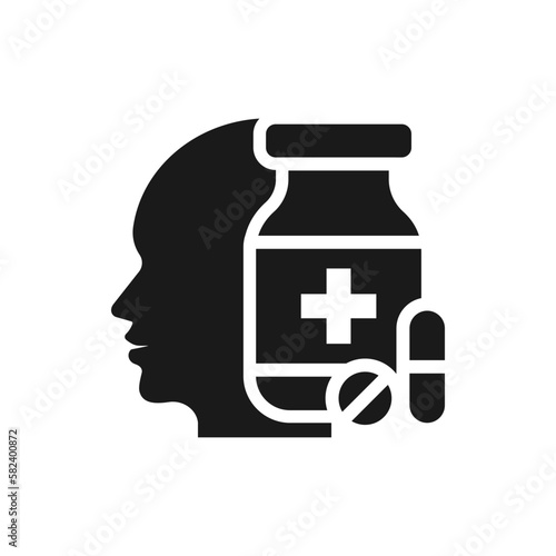Man in medication. Human head with medicine pills. Drug addiction icon concept isolated on white background. Vector illustration