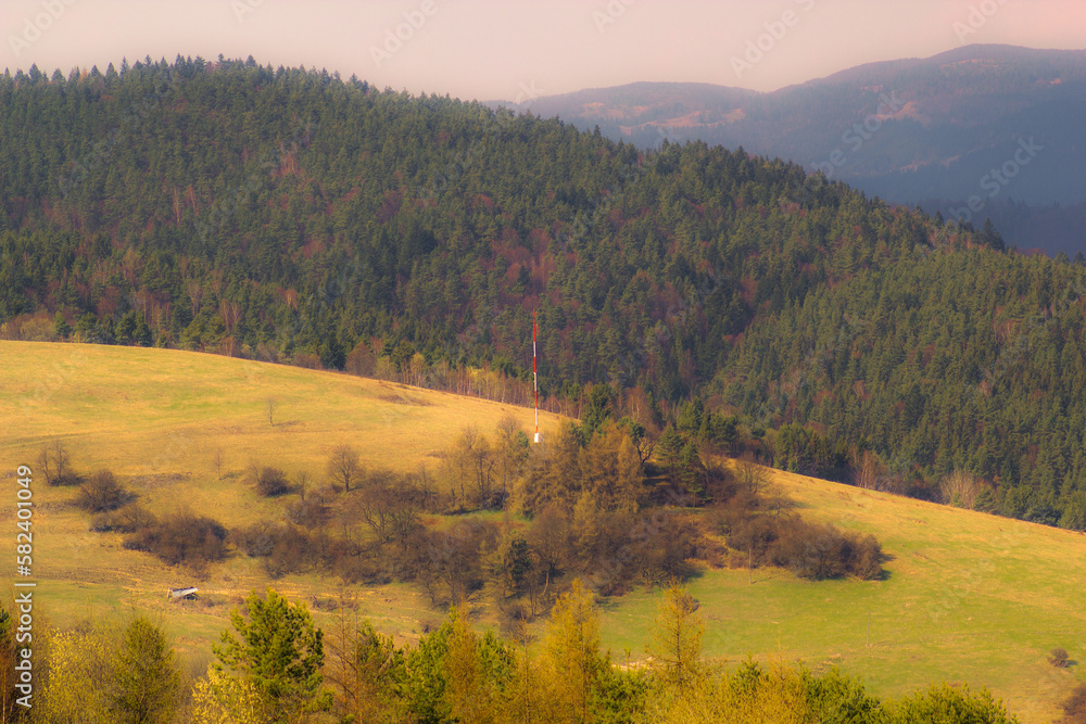 Lonely communication mast on slope in Beskid Mountains