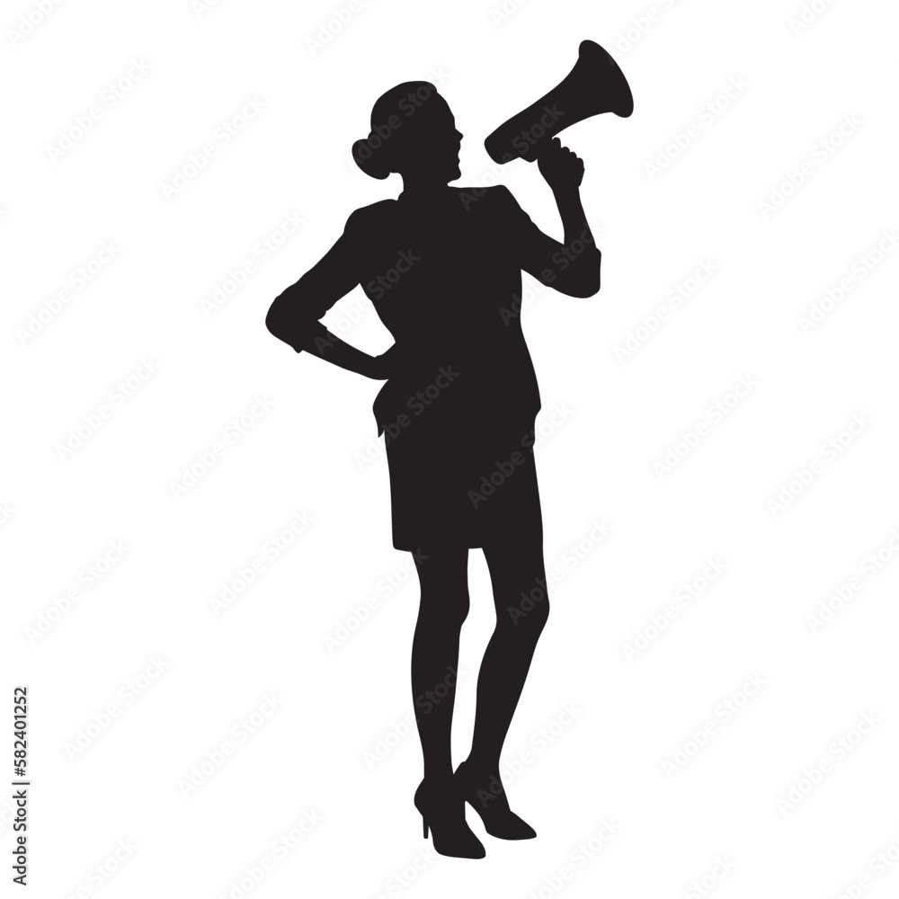Female holding megaphone speak louder vector silhouette.