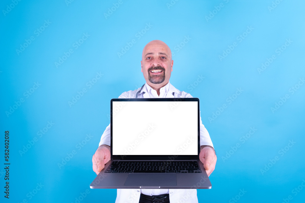 Man holding laptop, portrait of happy smiling middle aged bald caucasian man holding laptop. Showing empty white screen notebook for mock up. Excited doctor offering new treatment concept idea. Man holding laptop, portrait of happy smiling middle aged bald caucasian man holding laptop. Showing empty white screen notebook for mock up. Excited doctor offering new treatment concept idea.