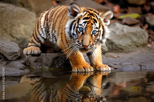 tiny tiger cub gazes into pool entranced by its own reflection. The image captures duality of courage and fear  as the cub sees both its potential and the threat of the unknown in the mirrored tiger.
