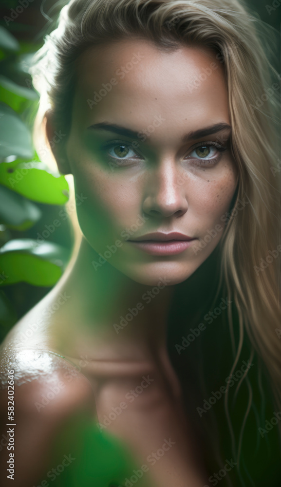 Beautiful woman standing in a forest surrounded by lush green leaves and natural light Beautiful woman standing in a forest surrounded by lush green leaves and natural light