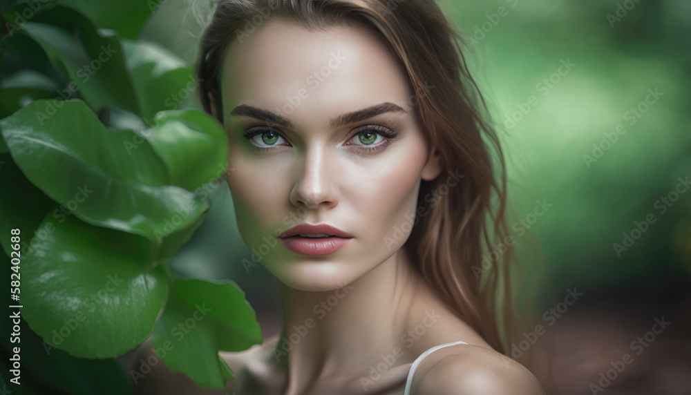 Beautiful woman standing in a forest surrounded by lush green leaves and natural light Beautiful woman standing in a forest surrounded by lush green leaves and natural light