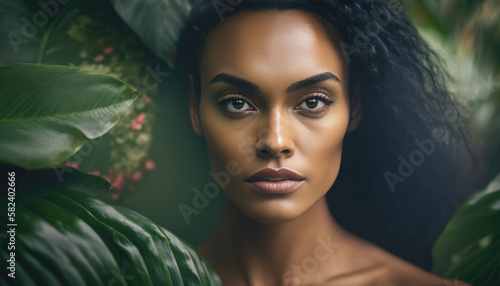 Beautiful woman standing in a forest surrounded by lush green leaves and natural light