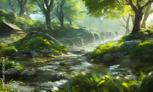 magical, fairy-tale forest, cinematic sunlight, mysticism, crystal water, fantasy, atmospheric background, generated in AI © Andrei