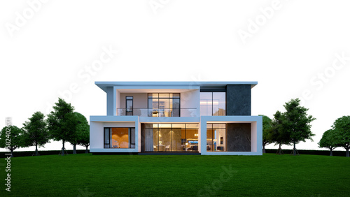 Modern house on the lawn in evening scene