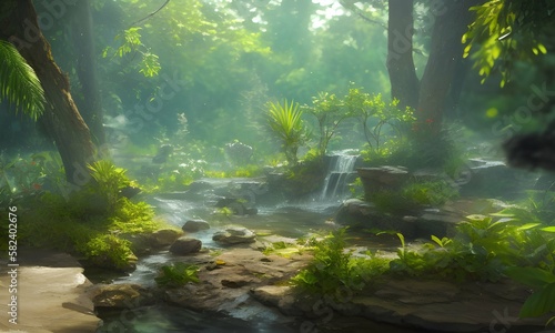 magical, fairy-tale forest, cinematic sunlight, mysticism, crystal water, fantasy, atmospheric background, generated in AI