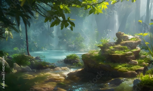 magical  fairy-tale forest  cinematic sunlight  mysticism  crystal water  fantasy  atmospheric background  generated in AI