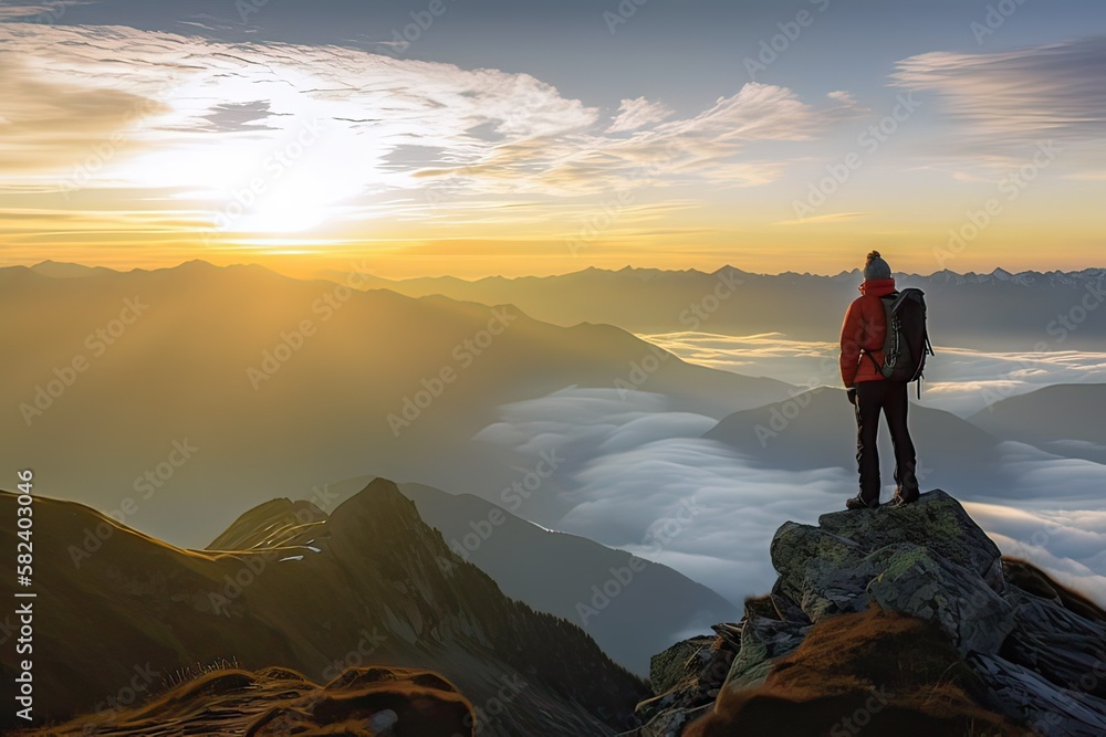 Hikers enjoy sunrise on mountains view. Photo generative AI