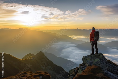 Hikers enjoy sunrise on mountains view. Photo generative AI photo