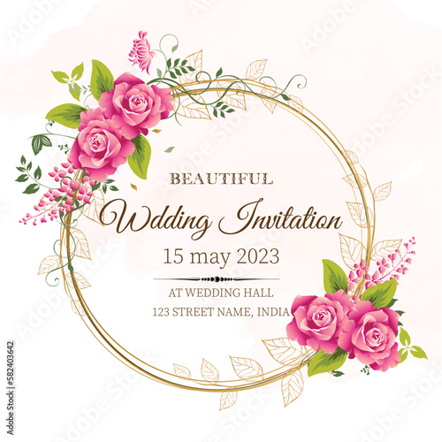 vector wedding invitation card with pink flower with  watercolor background. © msdesign_club