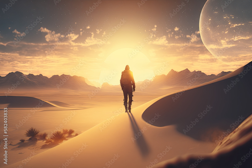 Silhouette of Lonely man on a desert, Generative AI
