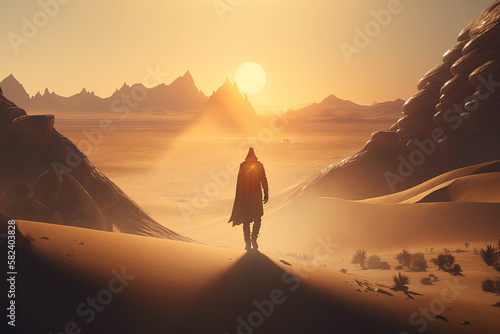 Silhouette of Lonely man on a desert, Generative AI