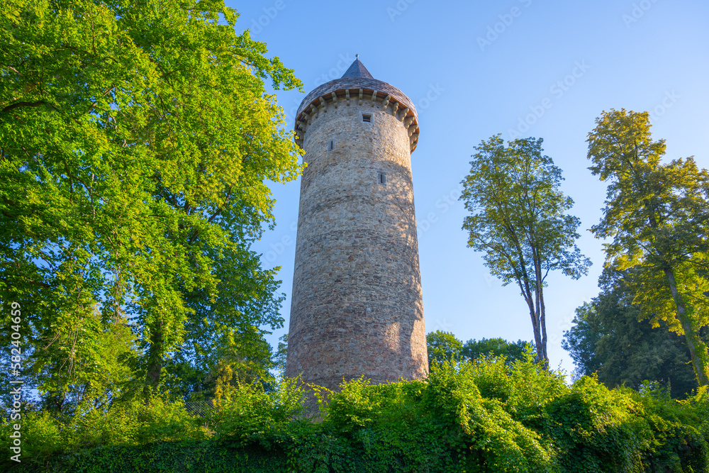 Ancient round stone tower Jakobinka. A remnant of the extinct medieval Upper Rozmberk Castle. Rozmberk nad Vltavou, Czech Republic