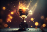 Golden champion trophy cup winner on blur bokeh dark lights background AI generated art