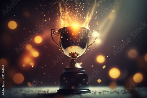 Golden champion trophy cup winner on blur bokeh dark lights background AI generated art