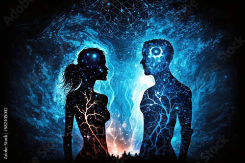 Astral body man and woman silhouettes face to face neural network AI generated art