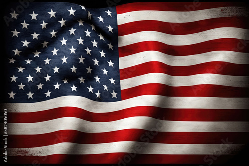 AI generated closeup of grunge vintage dark american flag blowing wind at USA independence day