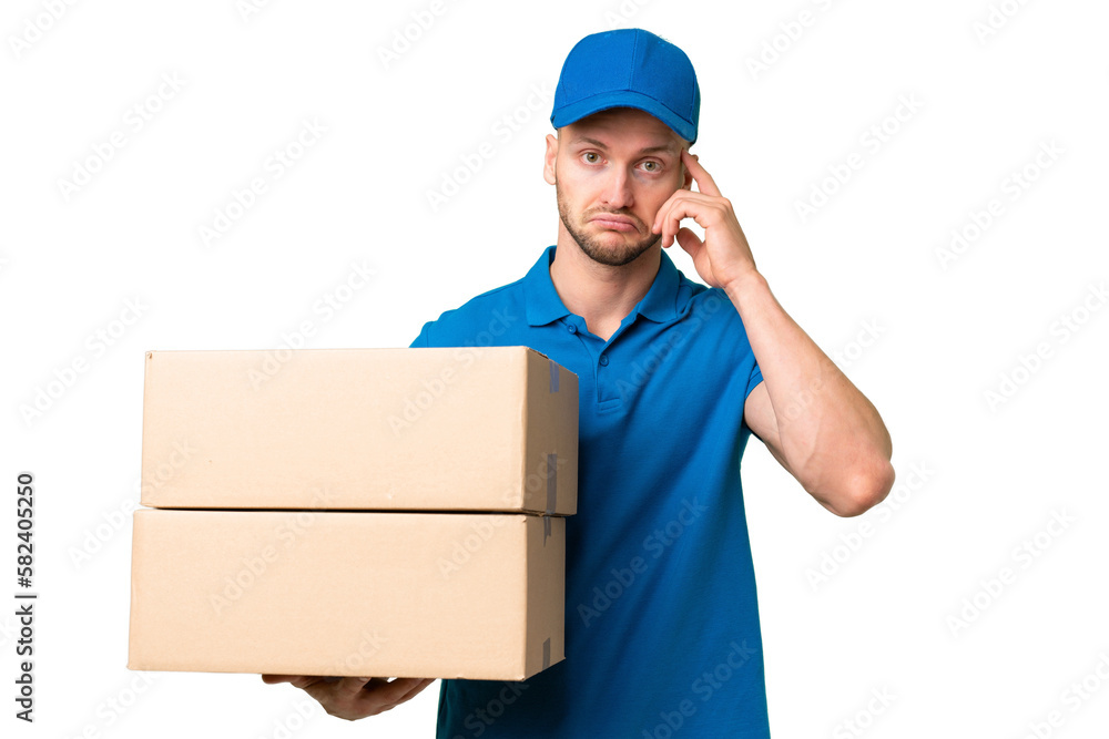 Delivery caucasian man over isolated background thinking an idea Delivery caucasian man over isolated background thinking an idea