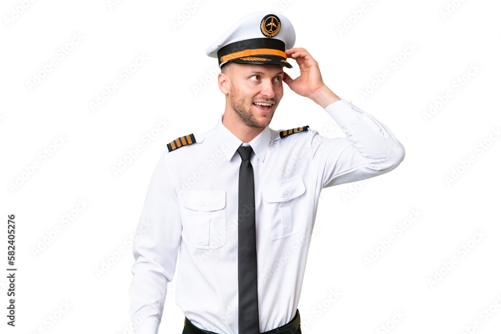 Airplane pilot man over isolated background has realized something and intending the solution Airplane pilot man over isolated background has realized something and intending the solution
