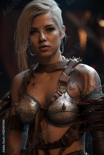 Portrait of a beautiful brunette warrior with a sword and tanned skin wearing an ancient bikini. Generative AI © Zenturio Designs