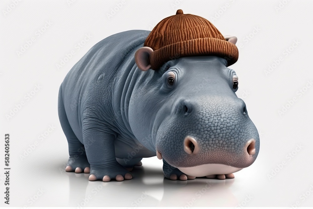 Realistic Hippopotamus isolated on a white background. A hippo in a cap. Generative AI illustration. Copying space. Realistic Hippopotamus isolated on a white background. A hippo in a cap. Generative AI illustration. Copying space.