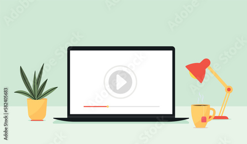 Laptop with video player icon, for conference training and entertainment, flat vector concept illustration on the beautiful background