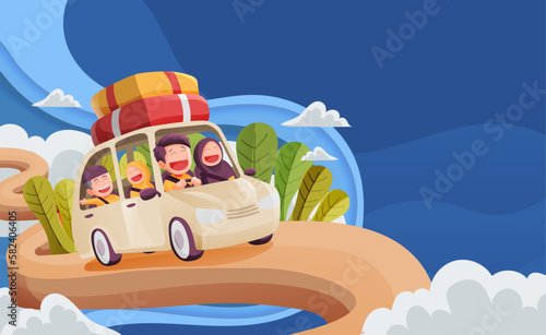 Muslim Family In Car Trip to Hometown during Eid Mubarak Celebration With Copy Space