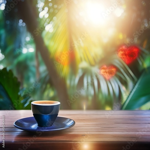 Blossoms, A Cup off Coffee and Heart On Round Wood Table In Green Garden With Defocused Effect Background. Generative AI.