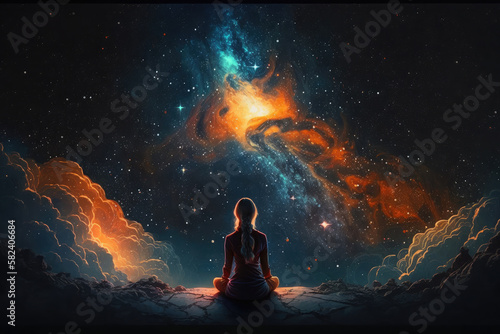 Yoga concept with back view woman sitting in lotus pose against starry sky background AI generated