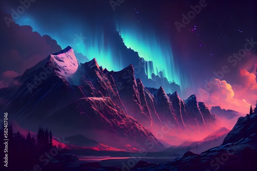 A beautiful landscape aurora over mountains, Ai generative